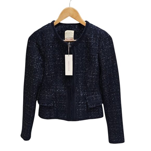 Rebecca Taylor Tweed Jacket Women’s 6 Full Zip Navy Blue Metallic - Picture 1 of 4